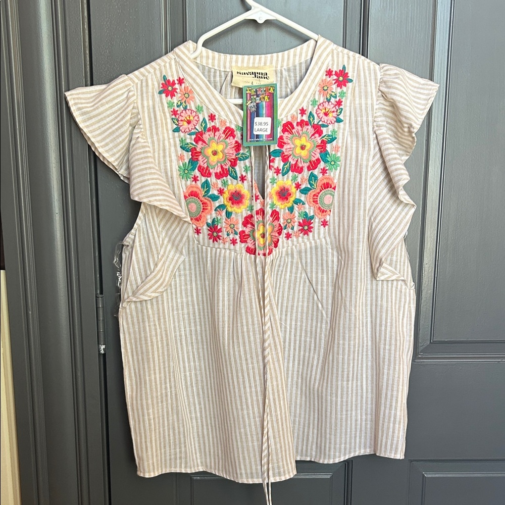 Savanna Jane Cream Striped Tunic with Bright Floral Embroidery